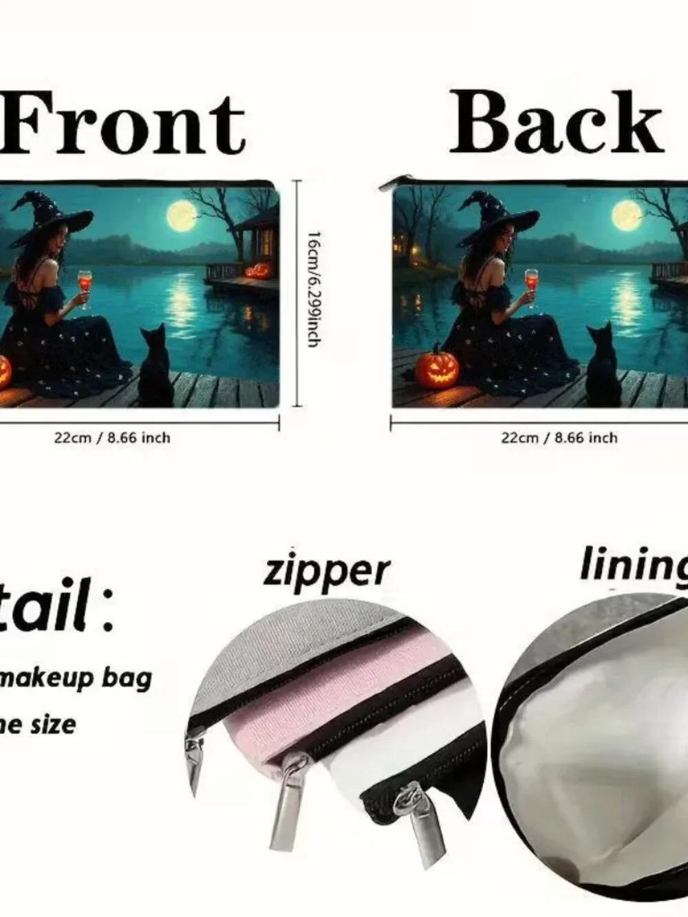 Halloween Dark Goth Witch, Wine & Lake Makeup Bag Double-Sided 6.3